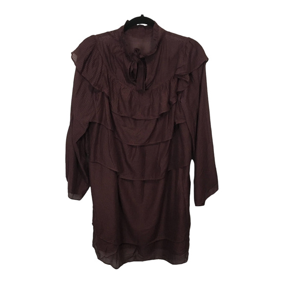 LOA Women's High Neck Tiered Layered Ruffle Mini Dress Size 1/ Small Brown - Picture 5 of 11